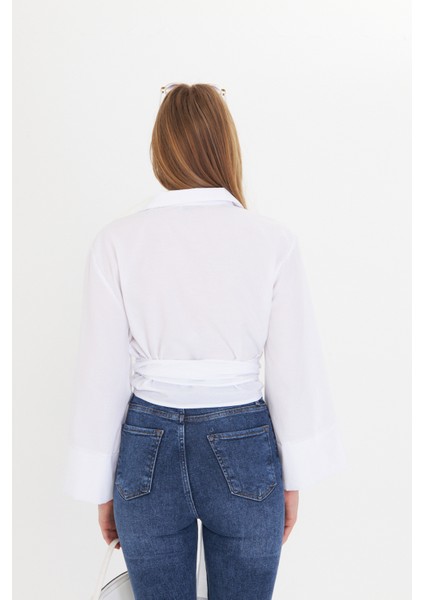 Kadın Beyaz Geniş Manşetli Kol Detaylı Önü Bağlamalı Poplin Gömlek indirimleri