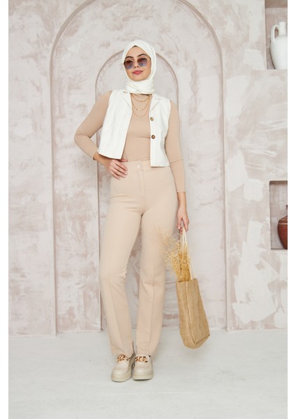 Likralı Önü Çimalı Kadın Palazzo Pantolon