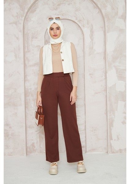 Kadın Likralı Cırt Kapama Kahverengi Geniş Paçalı Rahat Pantolon