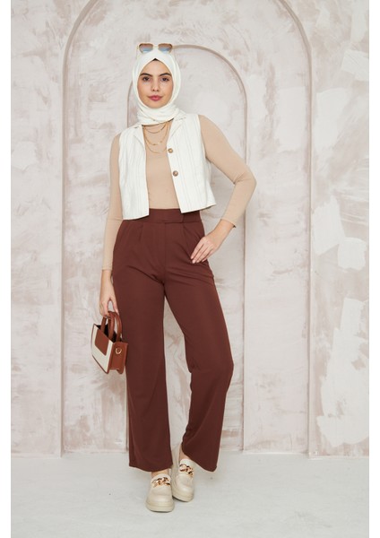 Kadın Likralı Cırt Kapama Kahverengi Geniş Paçalı Rahat Pantolon fiyatları