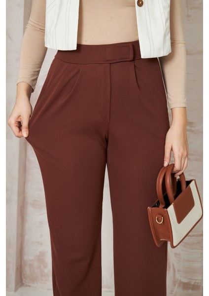 Kadın Likralı Cırt Kapama Kahverengi Geniş Paçalı Rahat Pantolon modelleri