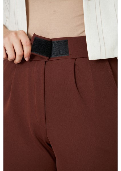 Kadın Likralı Cırt Kapama Kahverengi Geniş Paçalı Rahat Pantolon fırsatları