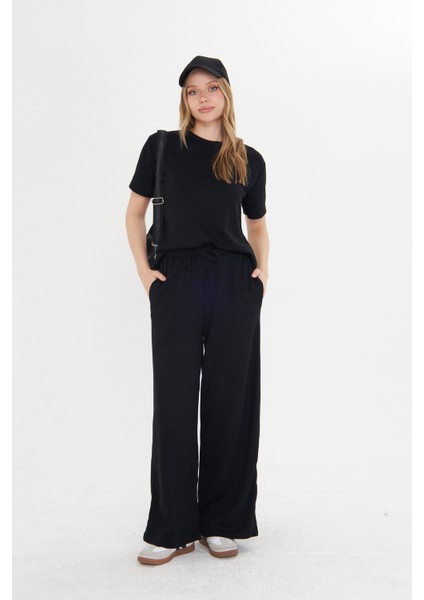 Siyah Kadın Modal Kumaş Kısa Kolu Eşofman Takımı