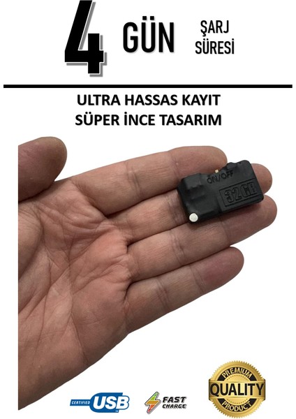 Ultra Ince Ses Kayıt Cihazı Kulaklıkla Dinleme 4 Gün Şarj Süresi 32 GB Hafıza
