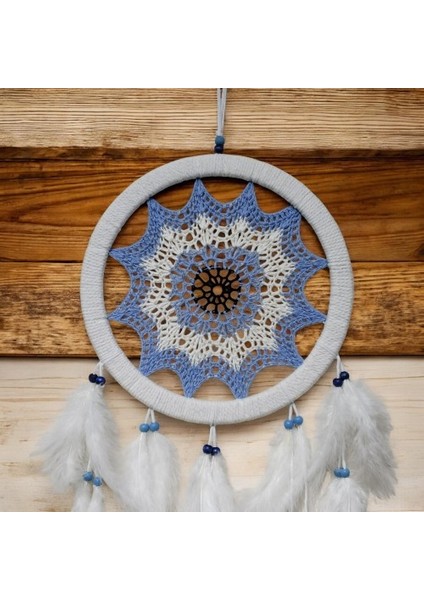 Buz Mavisi Renginde Nazar Motifli Kuş Tüylü Duvar Süsü fiyatları