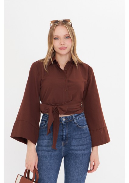 Kadın Kahverengi Geniş Manşetli Kol Detaylı Önü Bağlamalı Poplin Gömlek