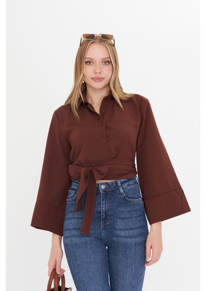 Kadın Kahverengi Geniş Manşetli Kol Detaylı Önü Bağlamalı Poplin Gömlek fiyatları