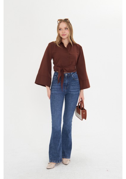 Kadın Kahverengi Geniş Manşetli Kol Detaylı Önü Bağlamalı Poplin Gömlek modelleri