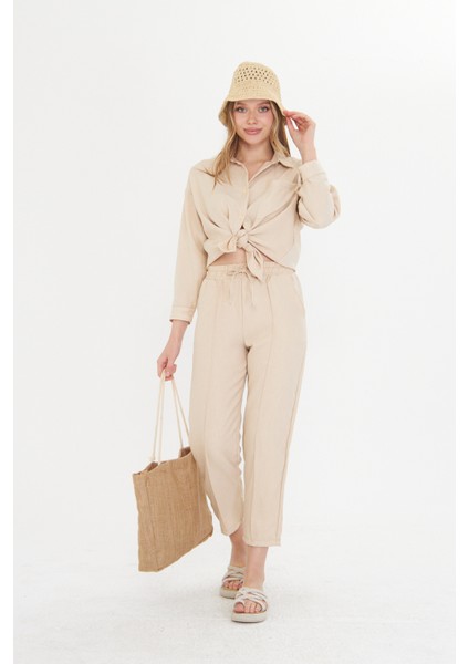 Bej Kadın Keten Gömlek ve Pantolon Alt Üst Takım