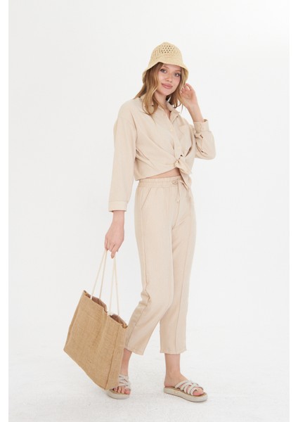 Bej Kadın Keten Gömlek ve Pantolon Alt Üst Takım modelleri
