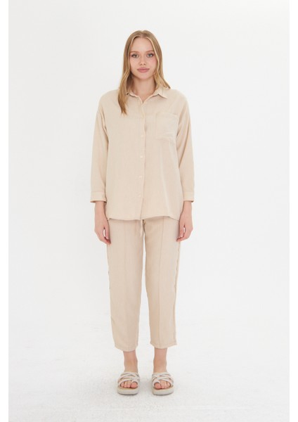 Bej Kadın Keten Gömlek ve Pantolon Alt Üst Takım indirimleri