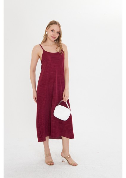 Bordo Kadın Askılı Piliseli Elbise