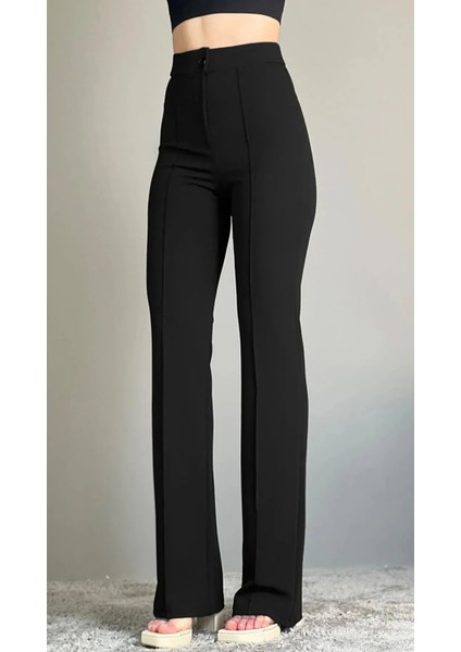 Krep Kumaş Likralı Önü Çimalı Siyah Kadın Palazzo Pantolon modelleri