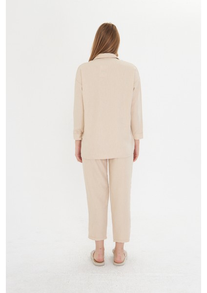 Bej Kadın Keten Gömlek ve Pantolon Alt Üst Takım