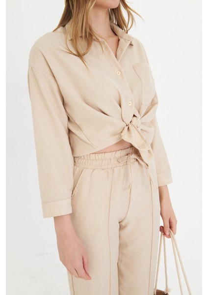 Bej Kadın Keten Gömlek ve Pantolon Alt Üst Takım