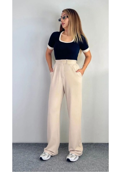 Kadın Likralı Cırt Kapama Bej Geniş Paçalı Rahat Palazzo Pantolon