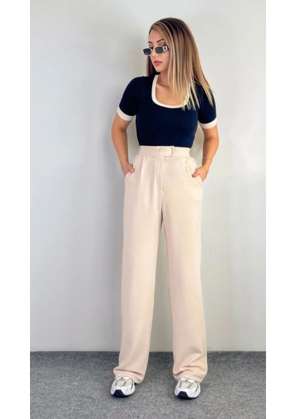 Kadın Likralı Cırt Kapama Bej Geniş Paçalı Rahat Palazzo Pantolon modelleri