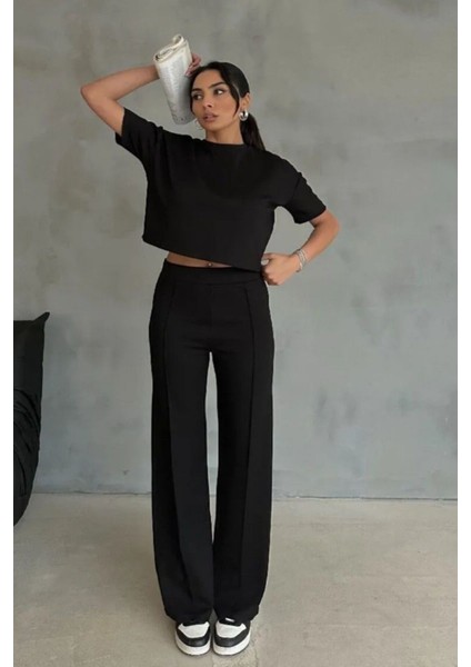 Modal Kumaş Yüksek Bel Pantolon Crop & Pantolon Takım