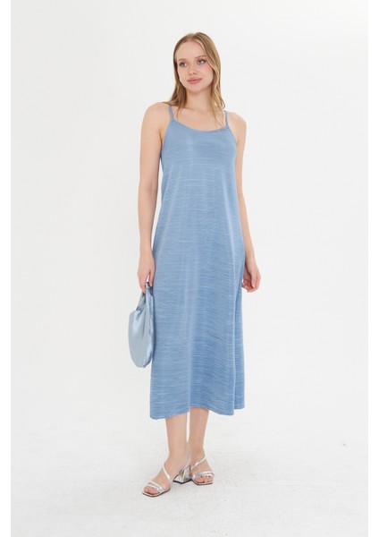 Mavi Kadın Askılı Piliseli Elbise