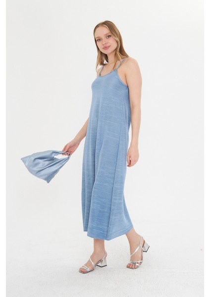 Mavi Kadın Askılı Piliseli Elbise fiyatları