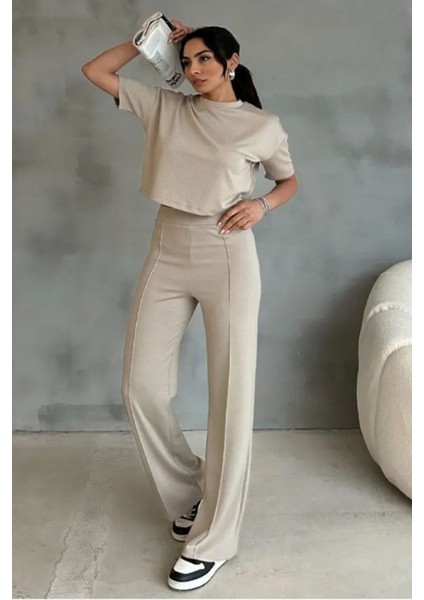 Modal Kumaş Yüksek Bel Pantolon Crop & Pantolon Takım