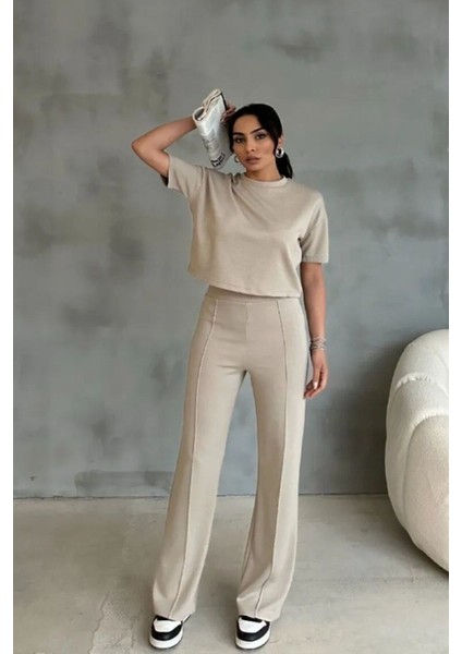 Modal Kumaş Yüksek Bel Pantolon Crop & Pantolon Takım modelleri