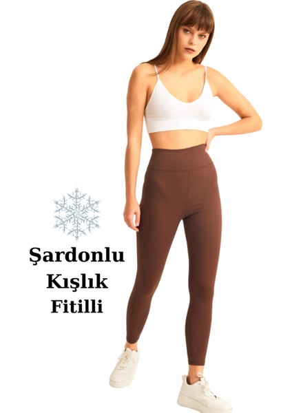 Kahverengi Yüksek Bel Fitilli Toparlayıcı İnterlok Örme Şardonlu Spor Kışlık Tayt