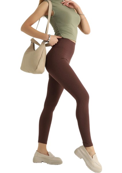 Kahverengi Yüksek Bel Fitilli Toparlayıcı İnterlok Örme Şardonlu Spor Kışlık Tayt modelleri