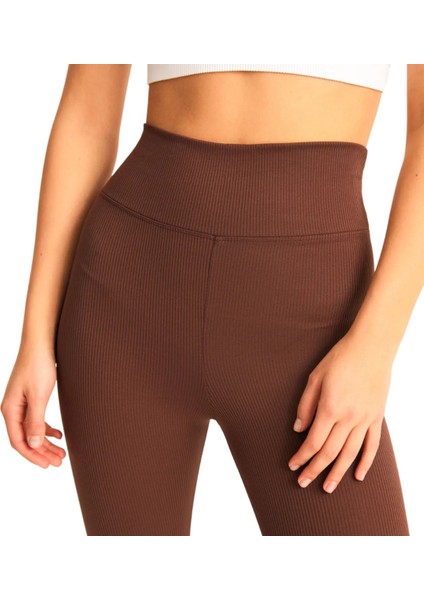 Kahverengi Yüksek Bel Fitilli Toparlayıcı İnterlok Örme Şardonlu Spor Kışlık Tayt fırsatları
