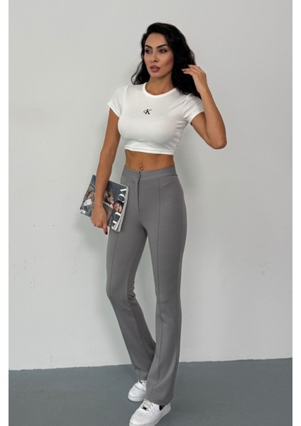 Krep Kumaş Likralı Önü Çimalı Gri Kadın Palazzo Pantolon