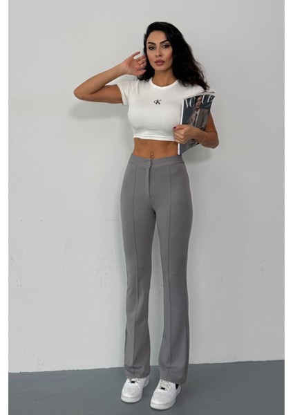 Krep Kumaş Likralı Önü Çimalı Gri Kadın Palazzo Pantolon fiyatları