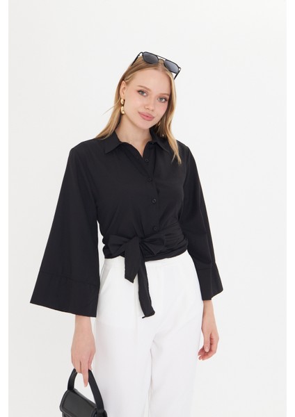Kadın Siyah Geniş Manşetli Kol Detaylı Önü Bağlamalı Poplin Gömlek