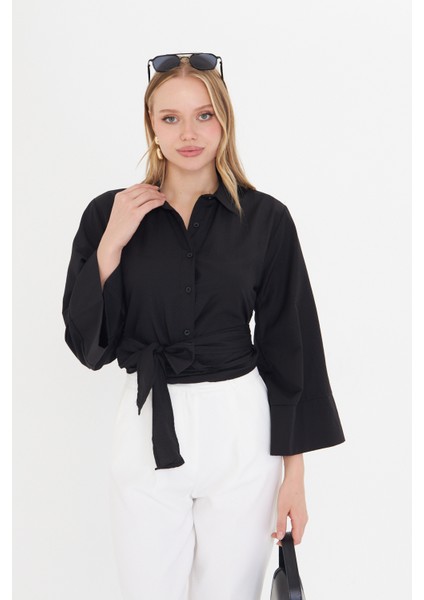 Kadın Siyah Geniş Manşetli Kol Detaylı Önü Bağlamalı Poplin Gömlek fiyatları