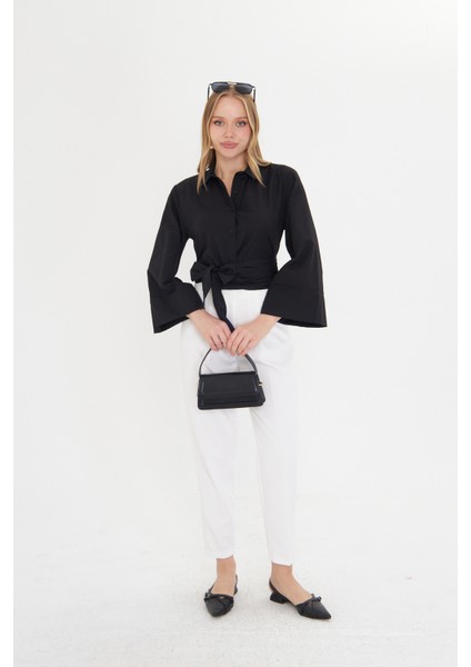 Kadın Siyah Geniş Manşetli Kol Detaylı Önü Bağlamalı Poplin Gömlek modelleri