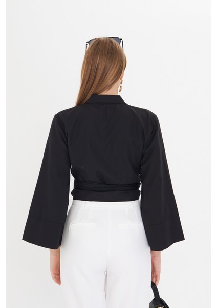 Kadın Siyah Geniş Manşetli Kol Detaylı Önü Bağlamalı Poplin Gömlek fırsatları