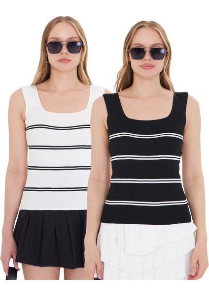 Kadın Kolsuz Kalın Askılı Ince Yazlık Kare Yaka Çizgili Triko Atlet 2'li Set