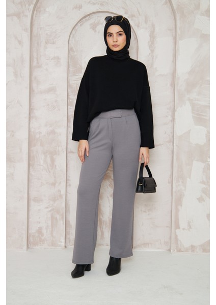 Kadın Likralı Cırt Kapama Gri Geniş Paçalı Rahat Pantolon