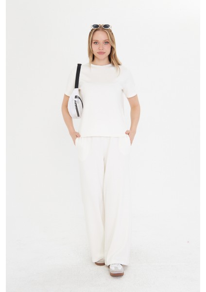 Beyaz Kadın Modal Kumaş Kısa Kolu Eşofman Takımı