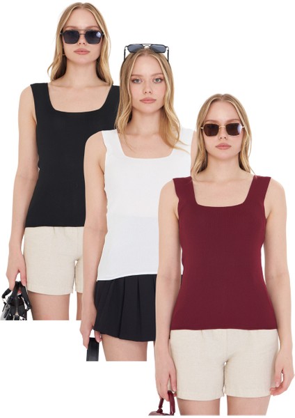 Kadın Kolsuz Kalın Askılı Ince Yazlık Kare Yaka Triko Atlet 3'lü Set