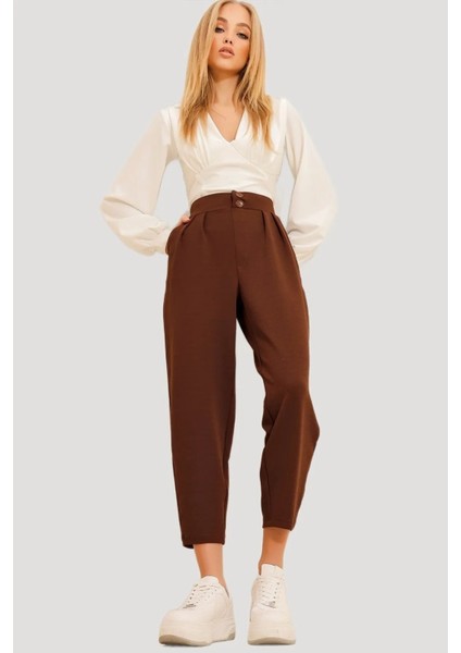 Çift Düğmeli Havuç Model Bilek Boy Kadın Kumaş Pantolon fırsatları