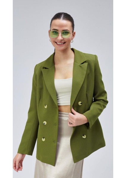 Yeşil Oversize Astarlı Kruvaze Blazer Kadın Ceket