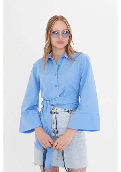 Kadın Bebe Mavi Geniş Manşetli Kol Detaylı Önü Bağlamalı Poplin Gömlek