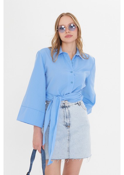 Kadın Bebe Mavi Geniş Manşetli Kol Detaylı Önü Bağlamalı Poplin Gömlek fiyatları