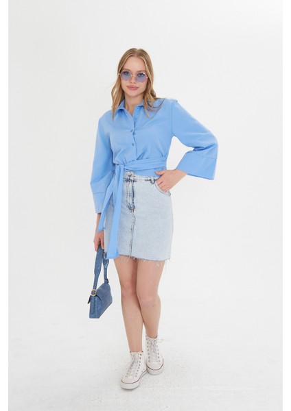 Kadın Bebe Mavi Geniş Manşetli Kol Detaylı Önü Bağlamalı Poplin Gömlek modelleri