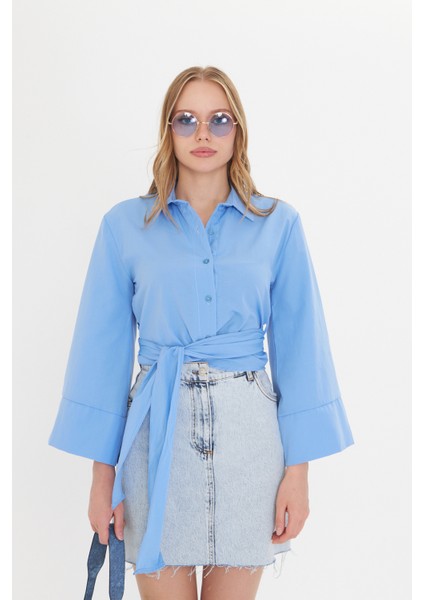 Kadın Bebe Mavi Geniş Manşetli Kol Detaylı Önü Bağlamalı Poplin Gömlek fırsatları