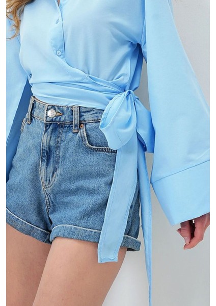 Kadın Bebe Mavi Geniş Manşetli Kol Detaylı Önü Bağlamalı Poplin Gömlek indirimleri