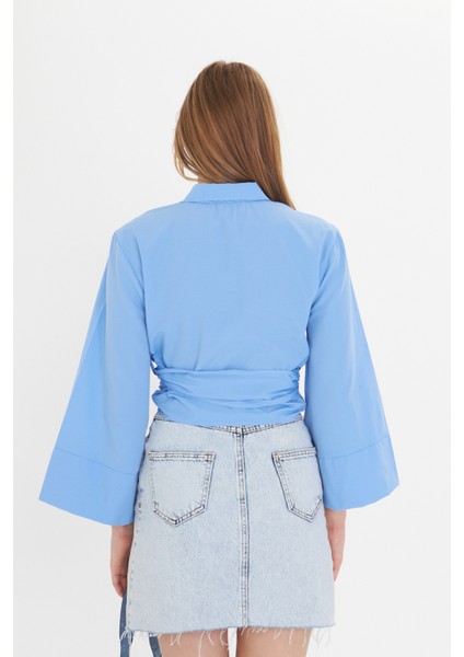 Kadın Bebe Mavi Geniş Manşetli Kol Detaylı Önü Bağlamalı Poplin Gömlek