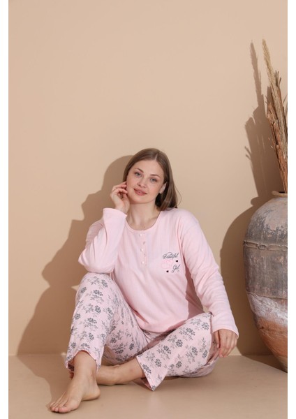 Kadın Pamuk'lu Düğme Yaka Raporlu Interlok Kışlık Battal Pijama Takımı 05150P - 1 Adet