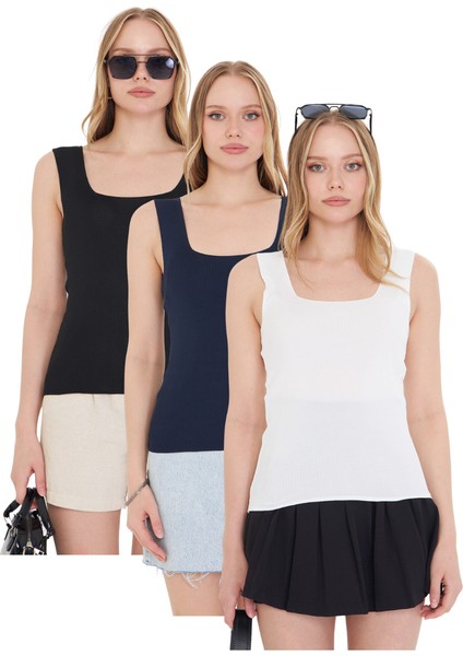 Kadın Kolsuz Kalın Askılı Ince Yazlık Kare Yaka Triko Atlet 3'lü Set