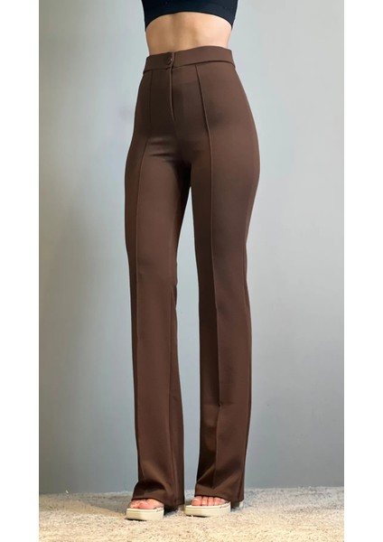 Krep Kumaş Likralı Önü Çimalı Kahverengi Kadın Palazzo Pantolon modelleri